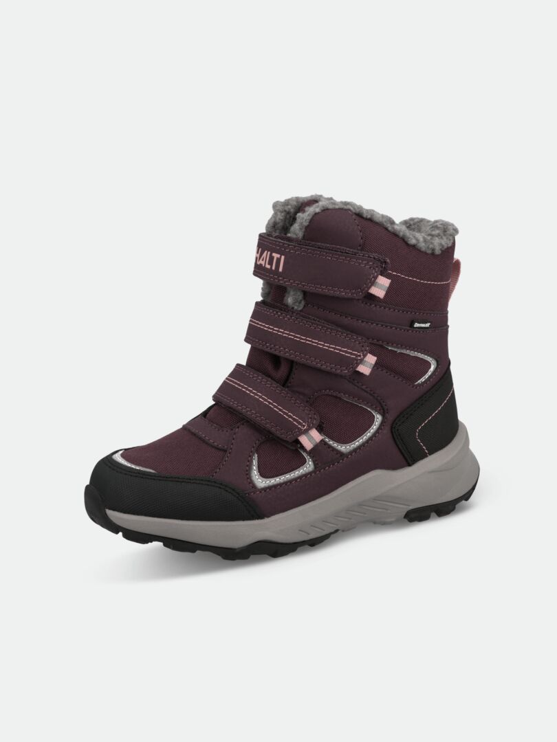 Halti Reiss 3 DX kids’ maroon winter boot with gray sole, faux fur lining, 3 hook-and-loop straps, and reflective details.
