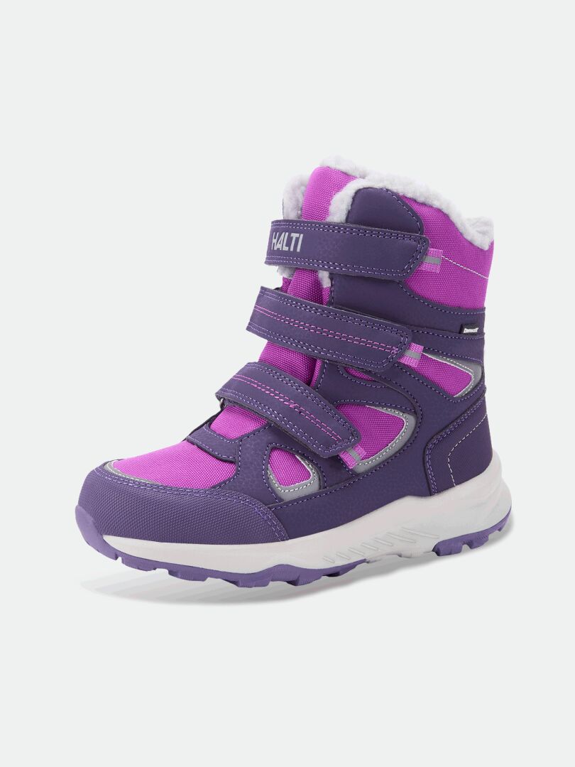 Halti Reiss 3 DX kids’ winter boot, purple/pink, with Velcro fastenings, white sole, and cozy fleece lining.