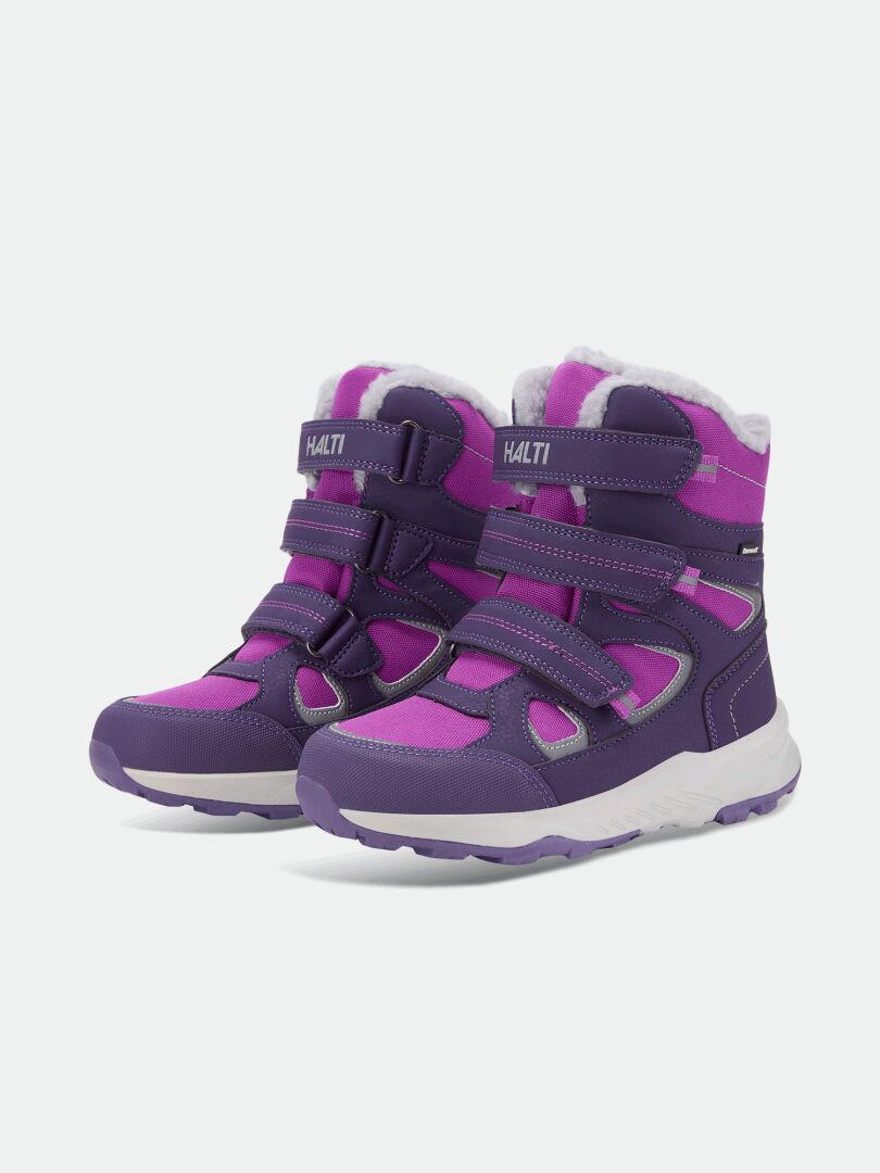 Halti Reiss 3 DX Winter Boot Children’s in purple/pink with velcro, faux fur lining, and white soles shown.
