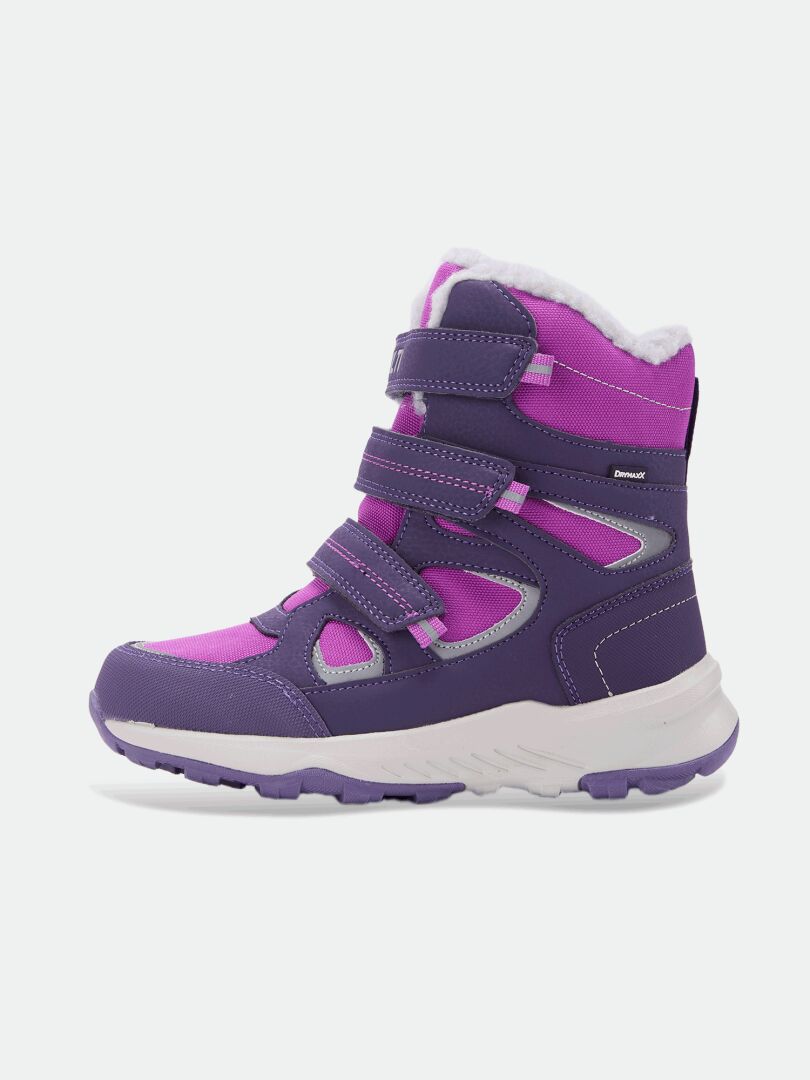 Halti Reiss 3 DX kids’ snow boot in purple/pink with triple hook-and-loop straps and a white sole, side view.
