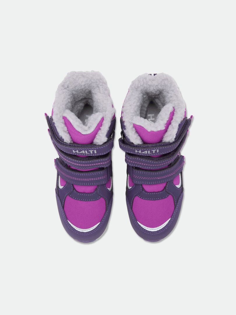 Halti Reiss 3 DX kids’ snow boots in purple/pink with gray faux fur and Velcro straps, top view.