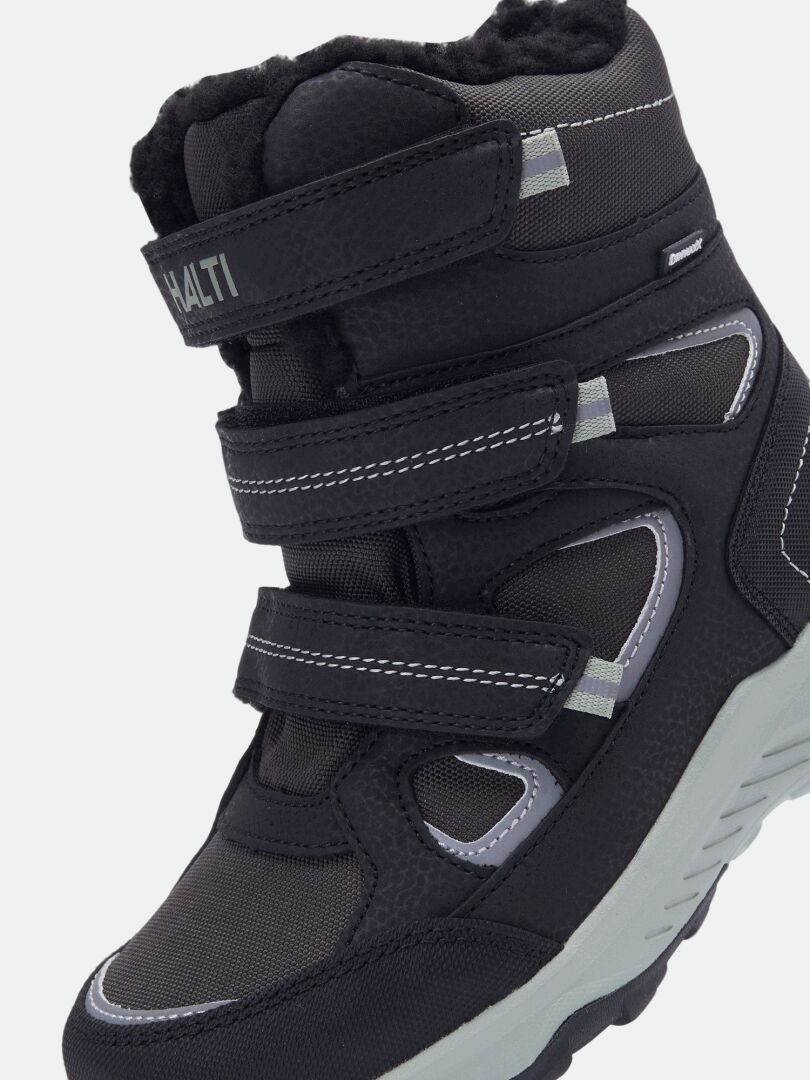 Halti Reiss 3 DX kids’ black waterproof winter boots with 3 hook-and-loop straps, gray accents, and rugged sole.