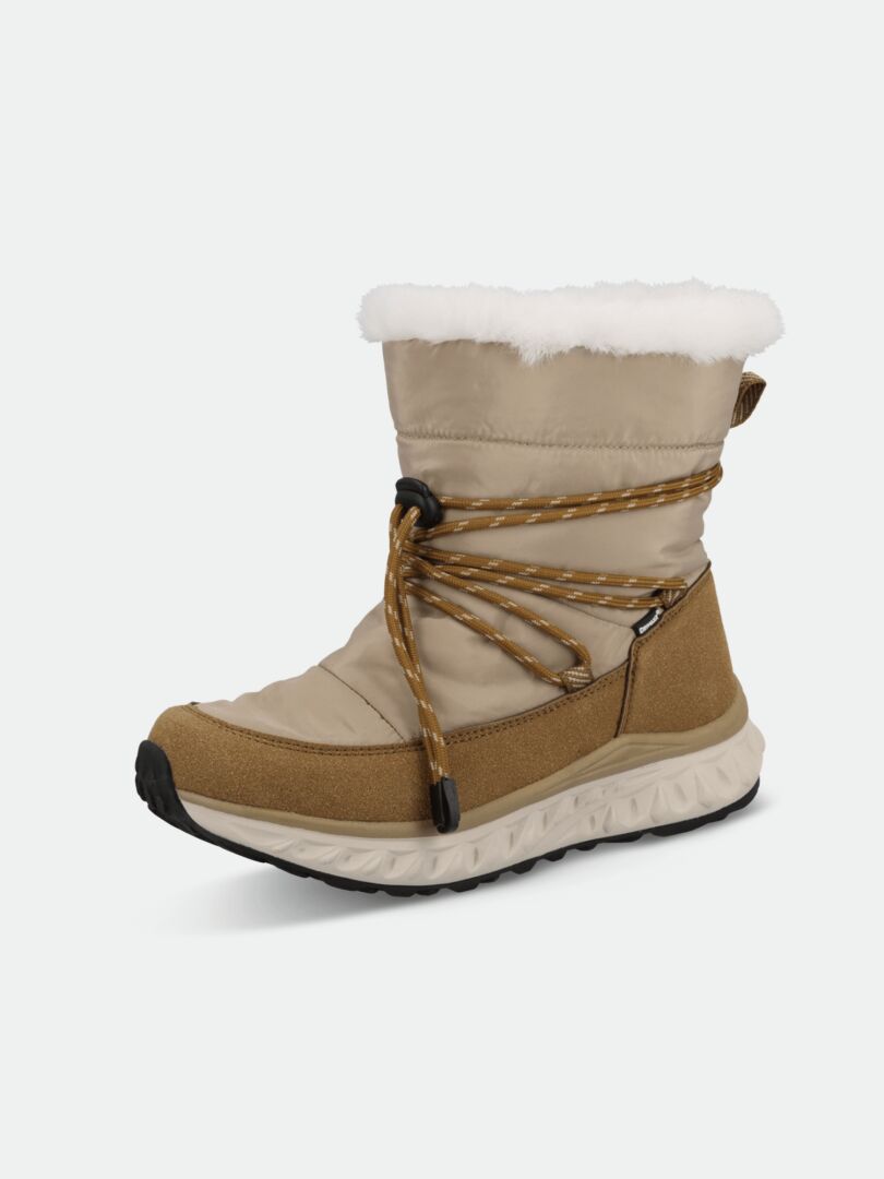 Halti Skene DX Winterboot Women's: tan, white faux fur lining, brown laces, thick black-and-white rubber sole.
