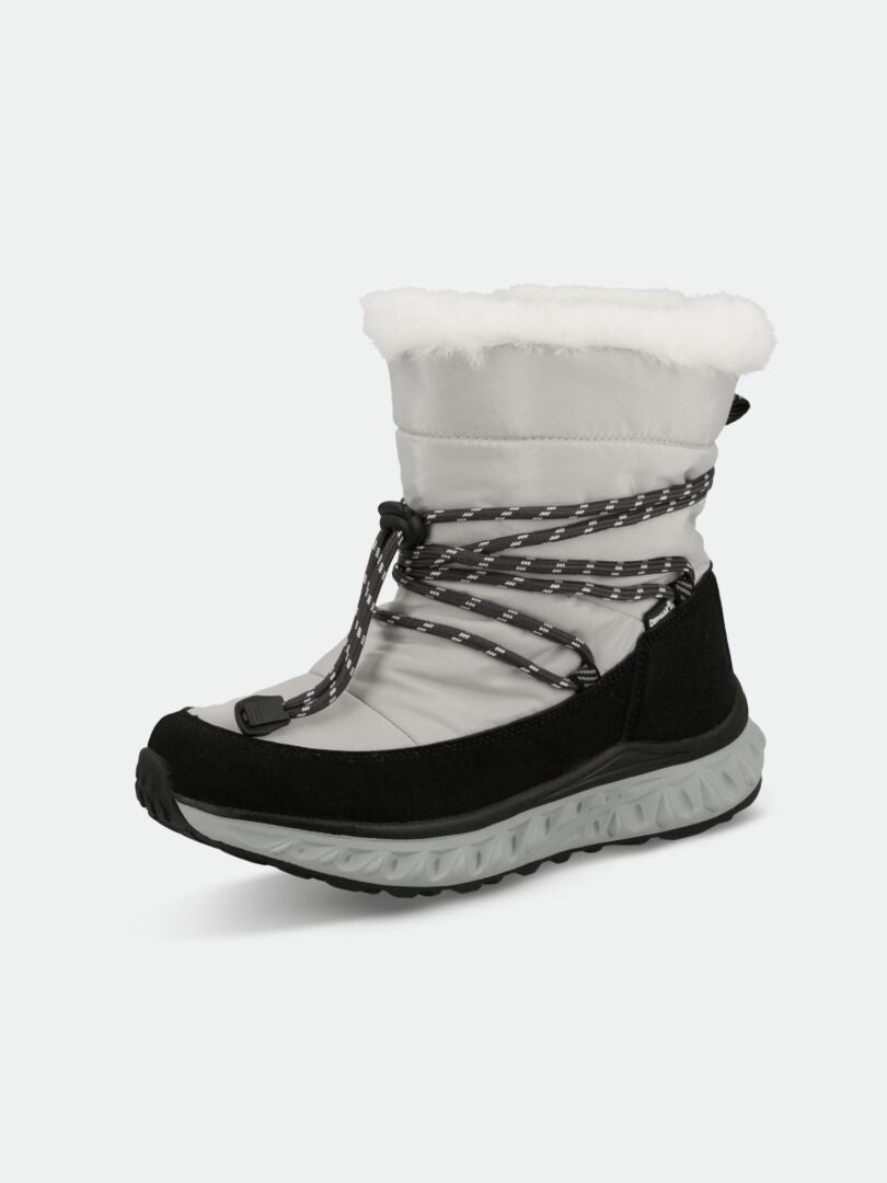 The Halti Skene DX Winterboot Women's features a white upper, black sole, faux fur cuff, and crisscross laces.