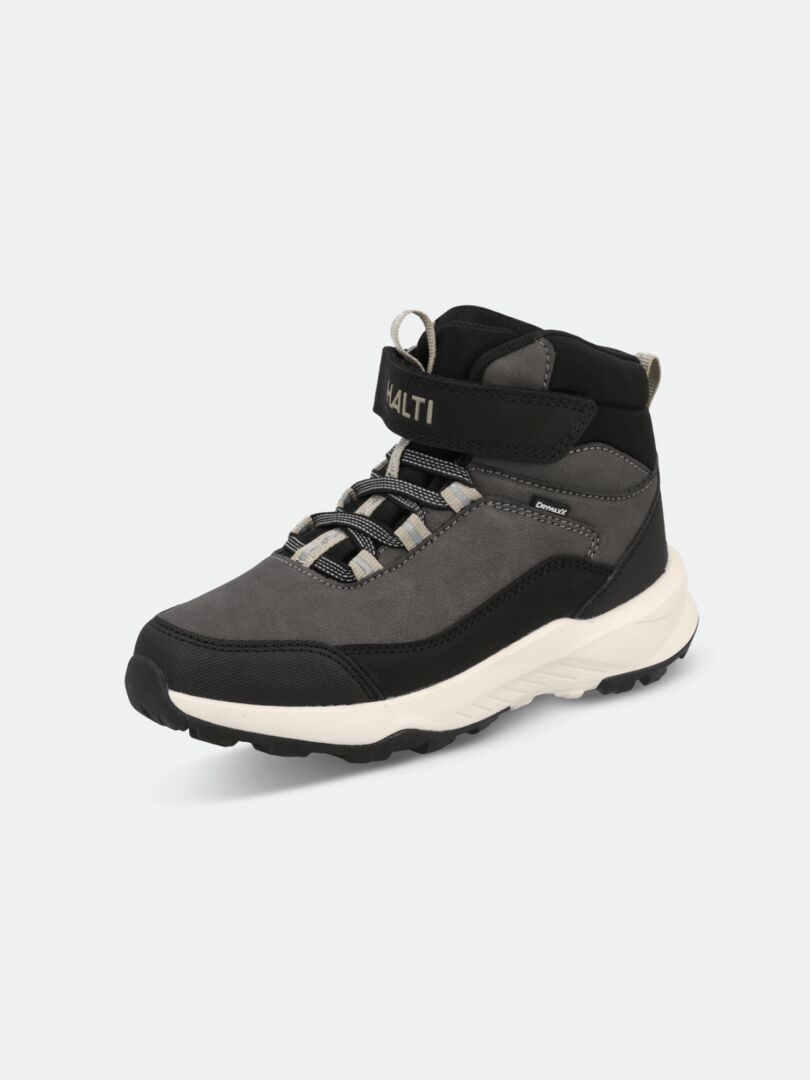 The Halti Benji Mid DX kids' outdoor shoe is gray/black with a white sole and DrymaxX membrane for lightweight waterproofing.