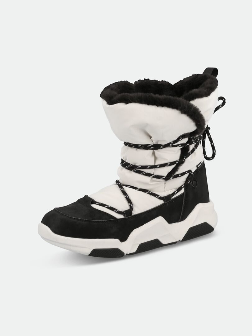 Halti Jeti DX Winterboot Women's: black & white insulated ankle boots with faux fur lining and rugged sole.