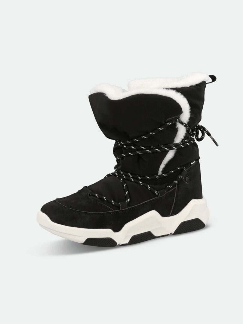 Halti Jeti DX Winterboot Women's: black waterproof boots with white fur lining, sole, and black-and-white laces.