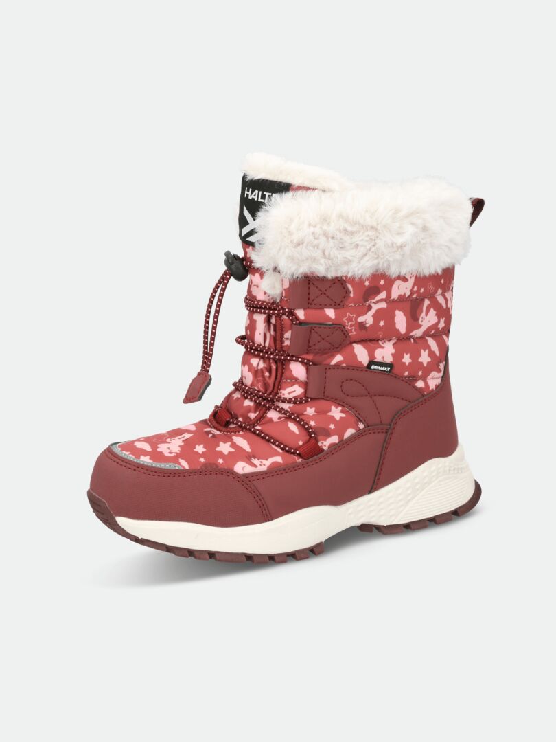 The Halti Hooper DX Winter Shoe for kids is red with white animal prints, Thinsulate, faux fur lining, and a thick sole.