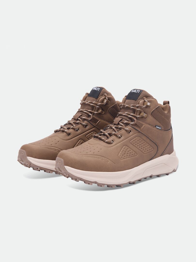 Halti Morgam Mid DX men’s brown walking shoes with ankle support, beige soles and laces, on a white background.