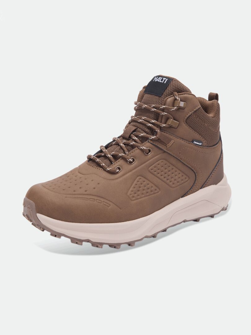Halti Morgam Mid DX men’s brown walking shoe with ankle support, lace-up, textured sole, and black tongue.