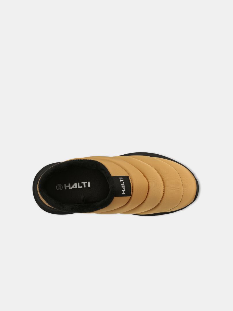 Top view of Halti Rest 2 tan slip-on slipper with black sole and memory foam insole, on white background.