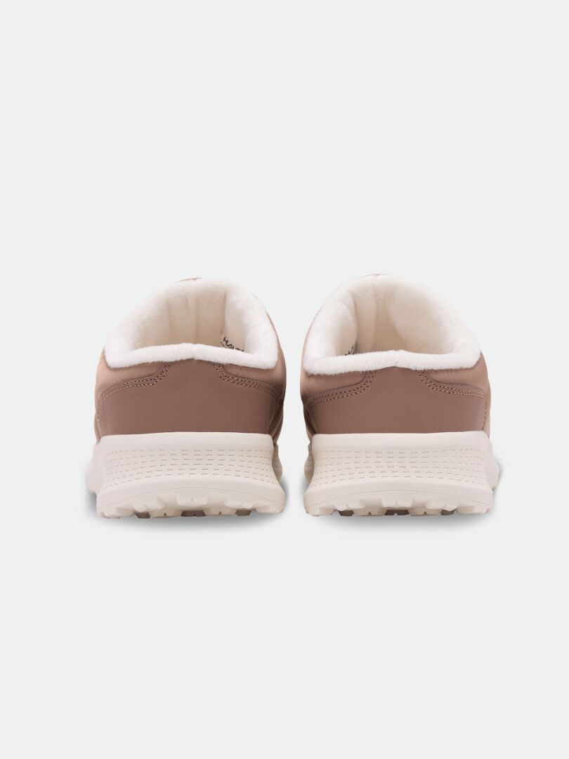 Back view of Halti Rest 2 Slipper in light brown with memory foam insole, white soles, and soft white lining.