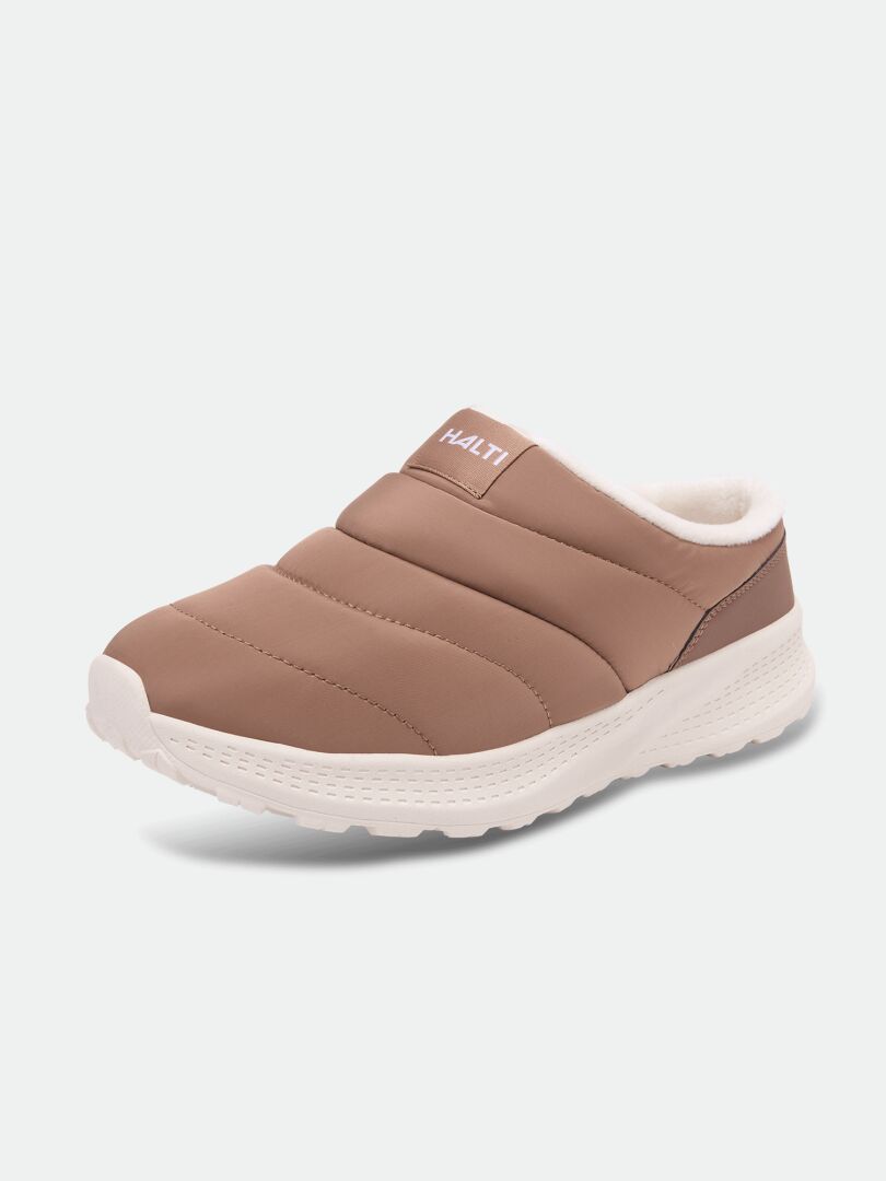 Halti Rest 2 Slipper: brown, quilted upper, memory foam insole, white sole, shown on a white background.