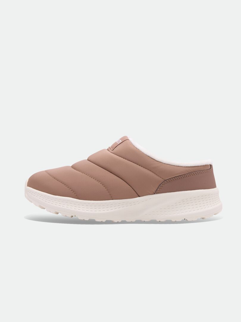 Halti Rest 2 Slipper: brown quilted slip-on with EVA sole, memory foam insole, and white lining, side profile.