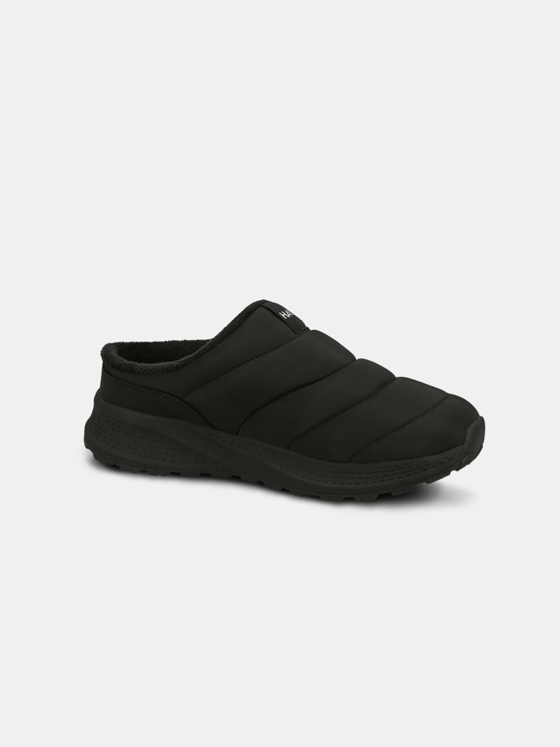Halti Rest 2 Slipper: black slip-on with quilted upper, memory foam insole, and textured sole on white background.
