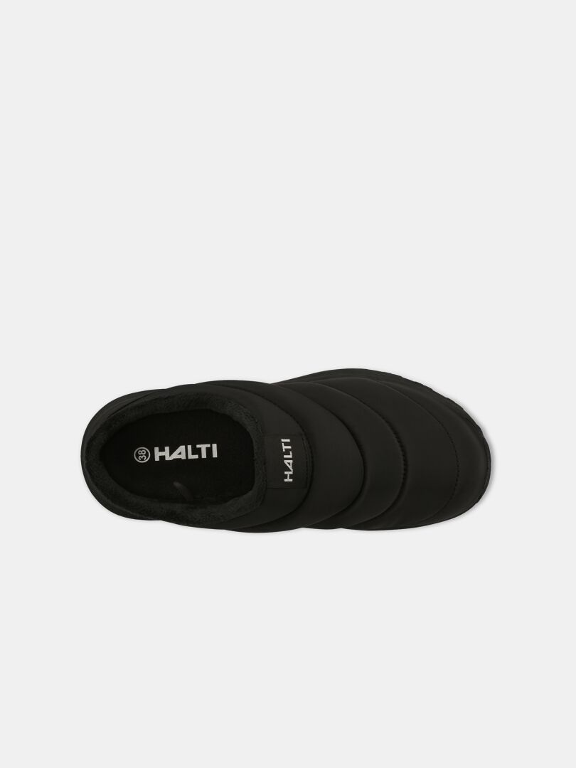 Rest 2 Slipper by Halti in black, seen from above, with logo and memory foam insole on a white background.