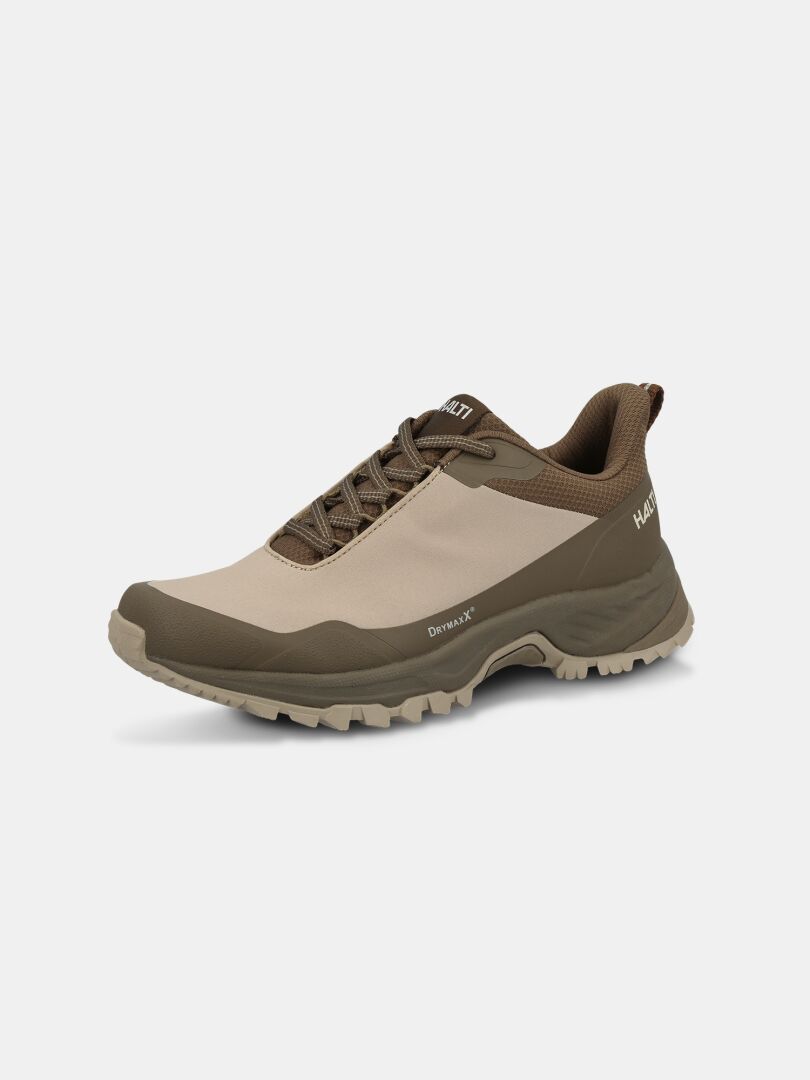 The Fara Low 3 DX Women's Outdoor Shoe by Halti features a waterproof mesh upper and GripmaxX Trail outsole in beige/brown.