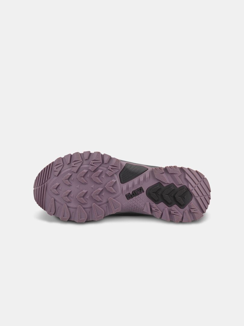 Halti Fara Low 3 DX women's outdoor shoe features a purple GripmaxX Trail outsole with multidirectional lugs and black logo.