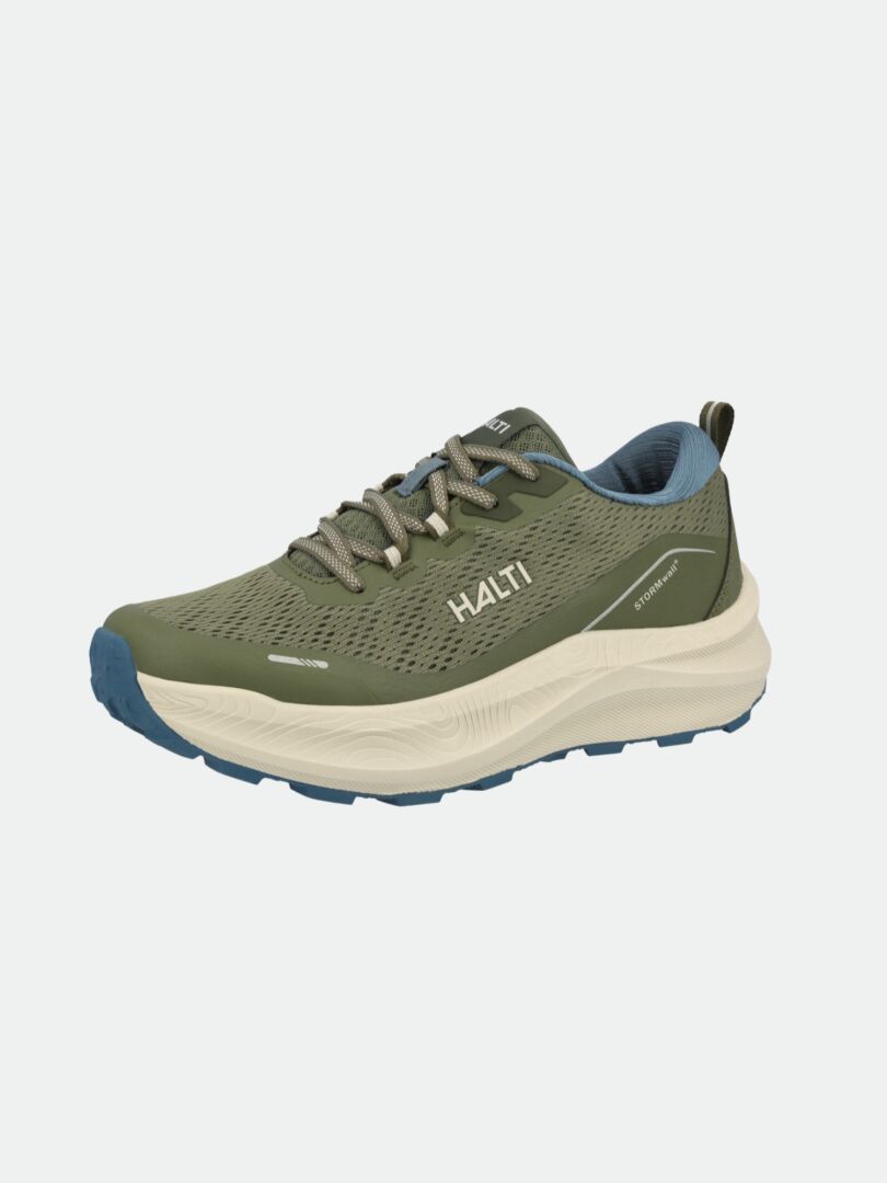 Halti Rapid 2 Sneaker Men's: green/beige mesh, blue sole accents, cushioned Phylon midsole, HALTI branding.