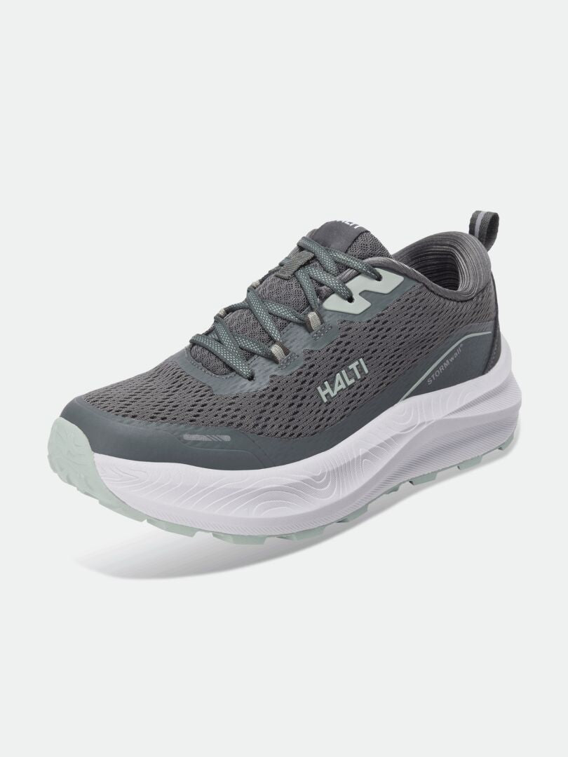 Halti Rapid 2 Sneaker Men’s: gray/white mesh upper, lace-up, cushioned Phylon midsole, Halti logo on side.