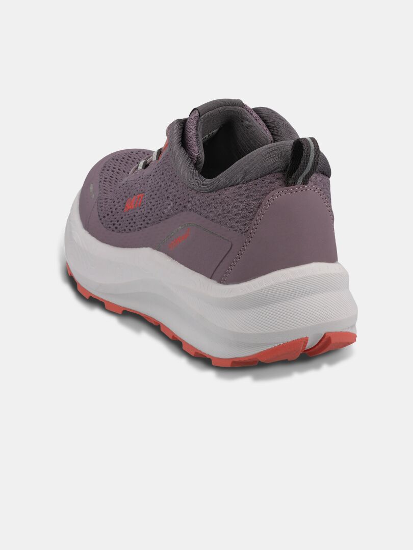 The Halti Rapid 2 Sneaker Women's in purple, with a thick white and pink sole, shown from the back left on white.