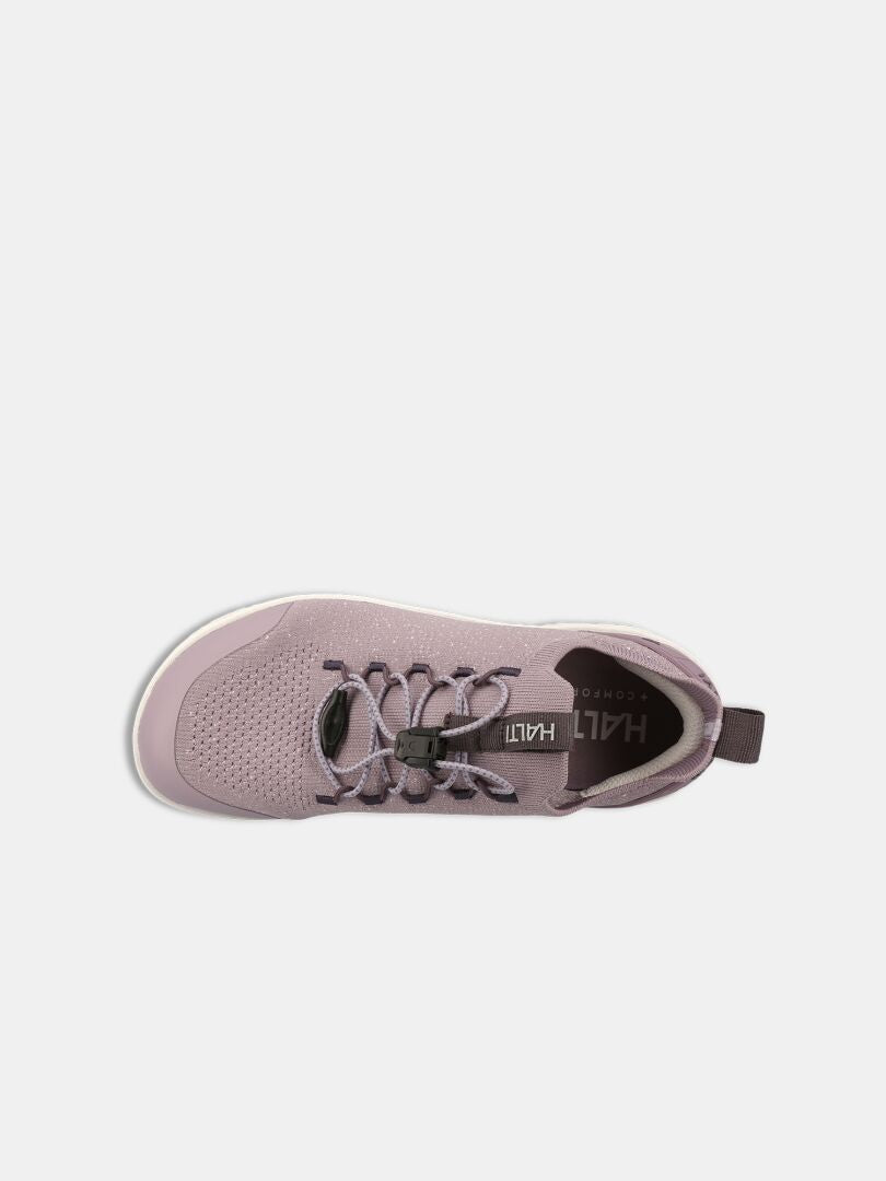 Top view of Halti Vire Barefoot Shoe Women's in mauve with laces, heel pull tab, and branded insole.