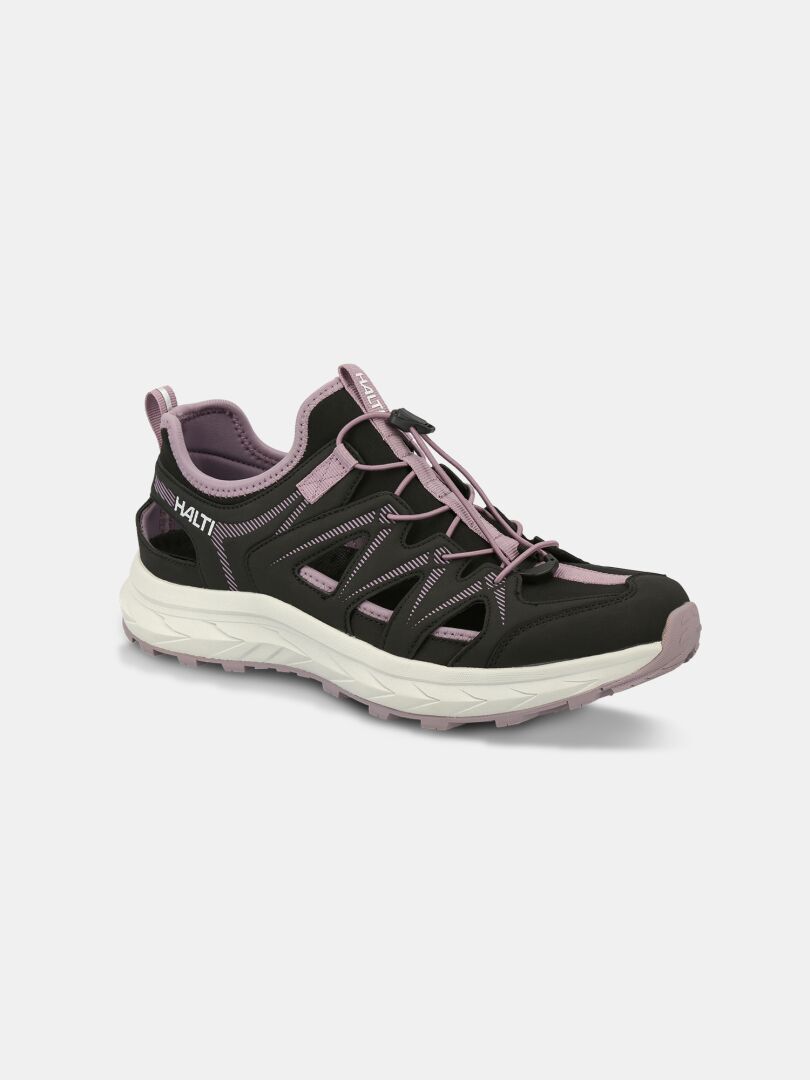 Halti Seili Hybrid Sandal Women's: black/lavender, white sole, mesh panels, and toggle lacing on a plain background.