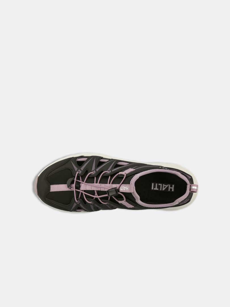 Top view of the Seili Hybrid Sandal Women's by Halti, a black sandal-sneaker hybrid with purple laces and trim.
