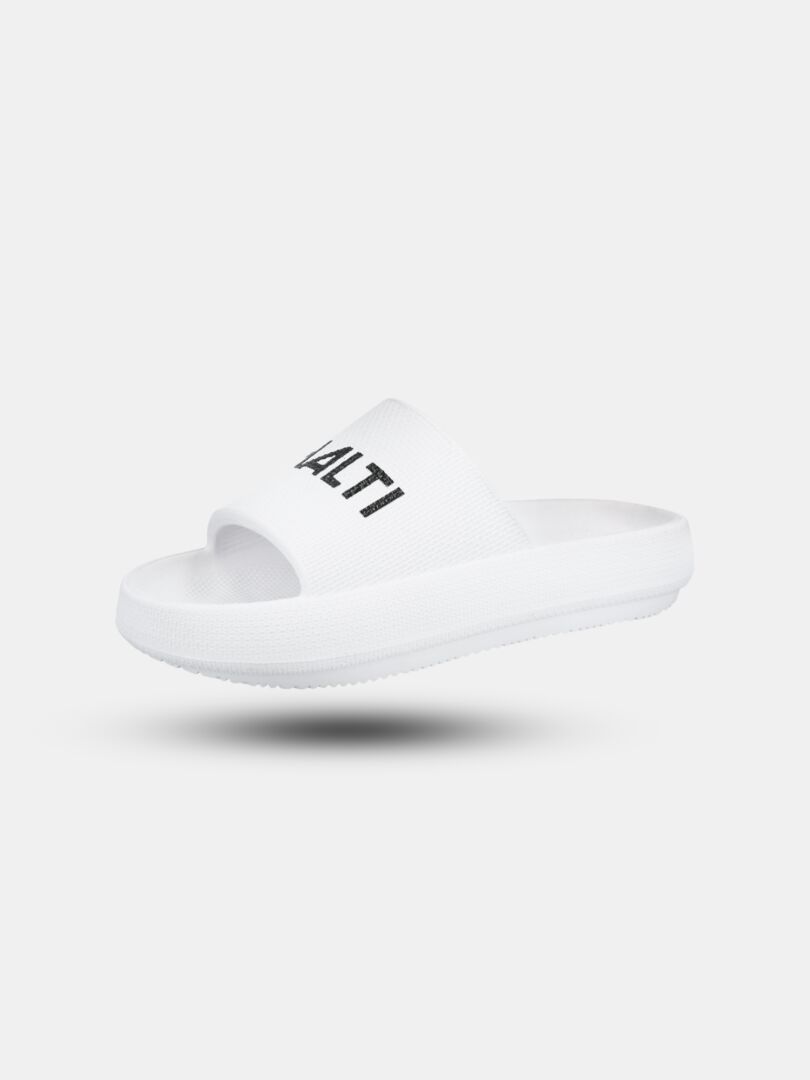 The Halti Eazy 2 Sandal is a white EVA slide with an open toe and logo strap, ideal for showers, on a plain background.