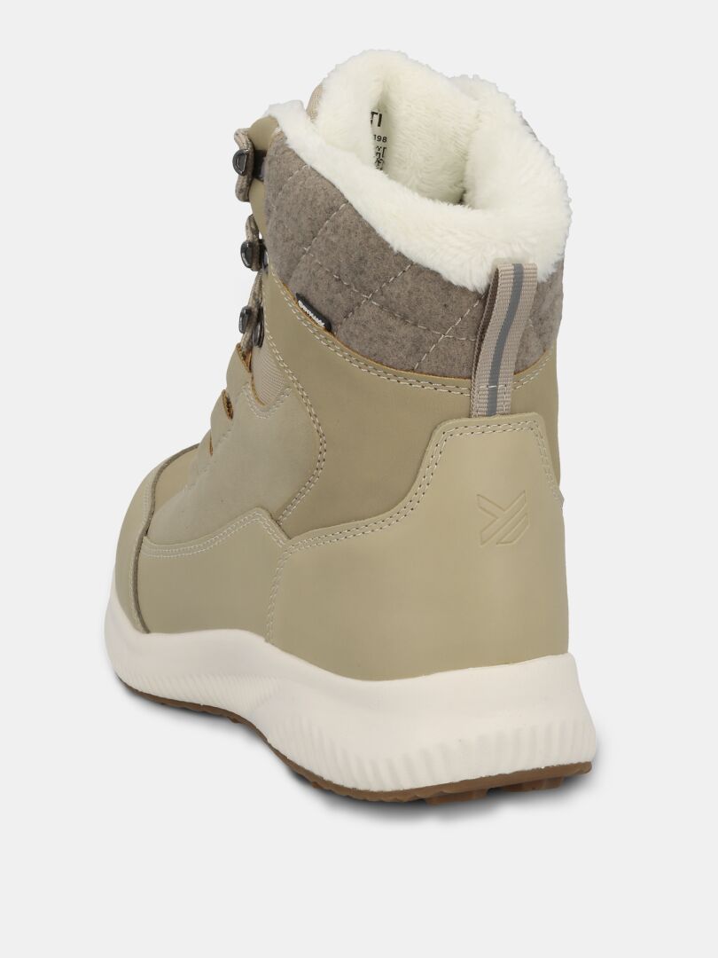 Halti Dundee 2 DX Winter Shoe Women's, beige lace-up ankle boot with quilted gray collar and fleece lining, back view.