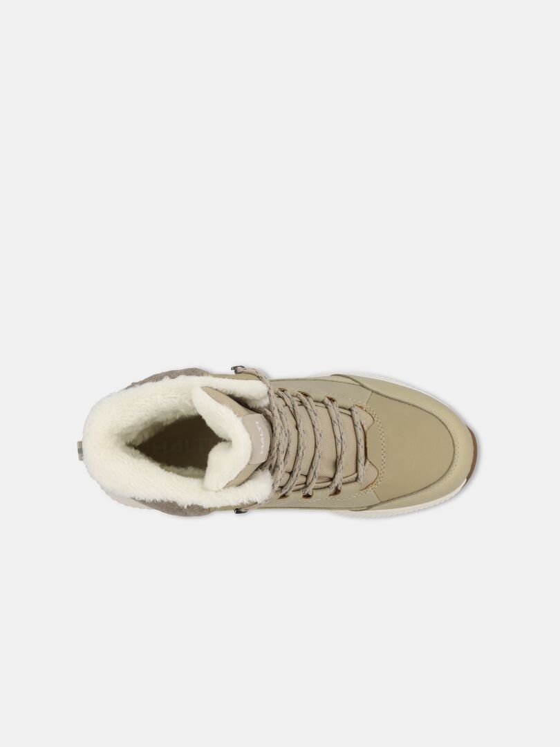 Top view of Halti Dundee 2 DX Winter Shoe Women's in beige with tan laces and white fleece lining against a white background.