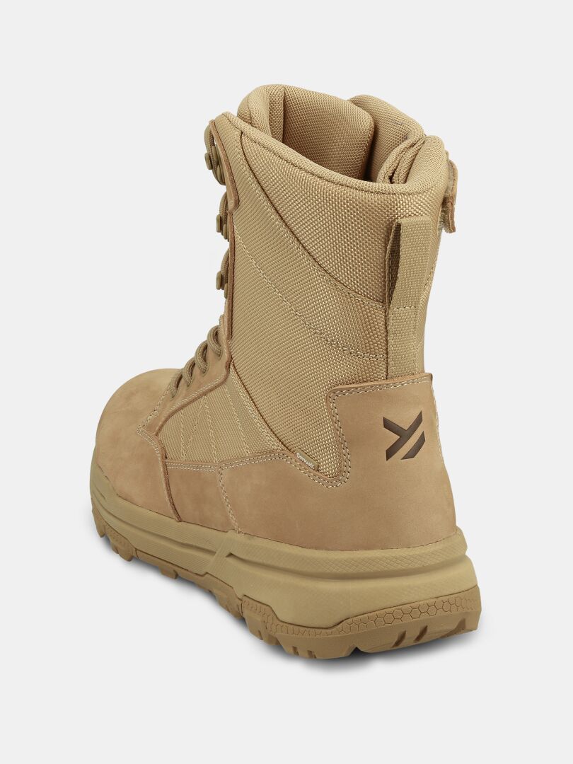 Halti Regis DX Boot Men's, tan combat hiking boot with rugged sole and black arrow logo on the heel, back view.