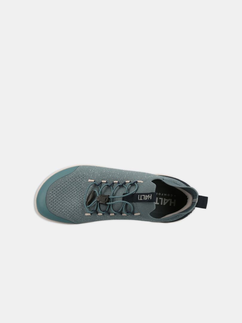 Top view of Halti Vire Barefoot Shoe Men's, a blue-gray zero-drop sneaker with laces and heel pull tab.