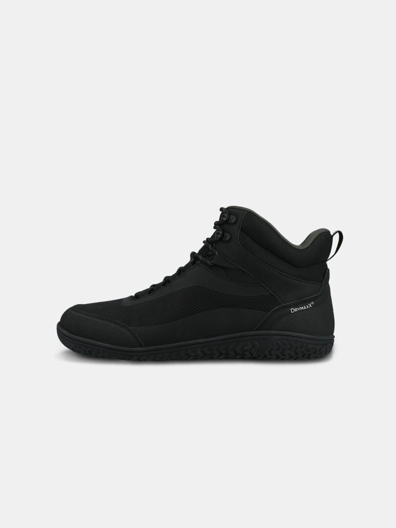 Halti Tuntuma Mid DX Barefoot Shoe Men’s: Black midcut, mesh panels, textured sole for a natural ground feel.