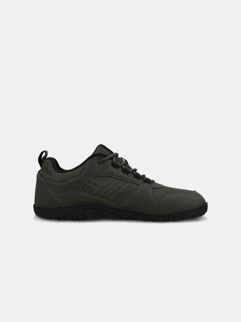 Halti Tuntuma DX Barefoot Shoe Men's: dark green waterproof lace-up, black sole/stitching, profile view on white.