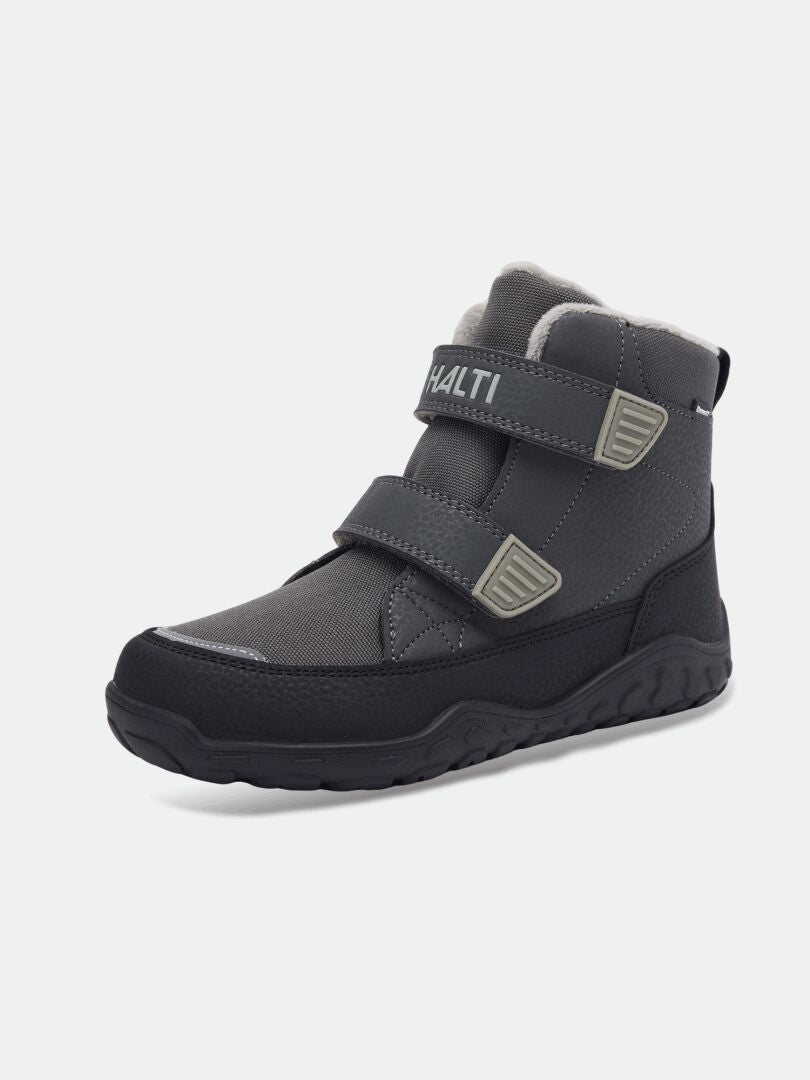 Halti Jalava DX kids’ waterproof, barefoot ankle boot in gray/black with two straps, textured sole, and logo.