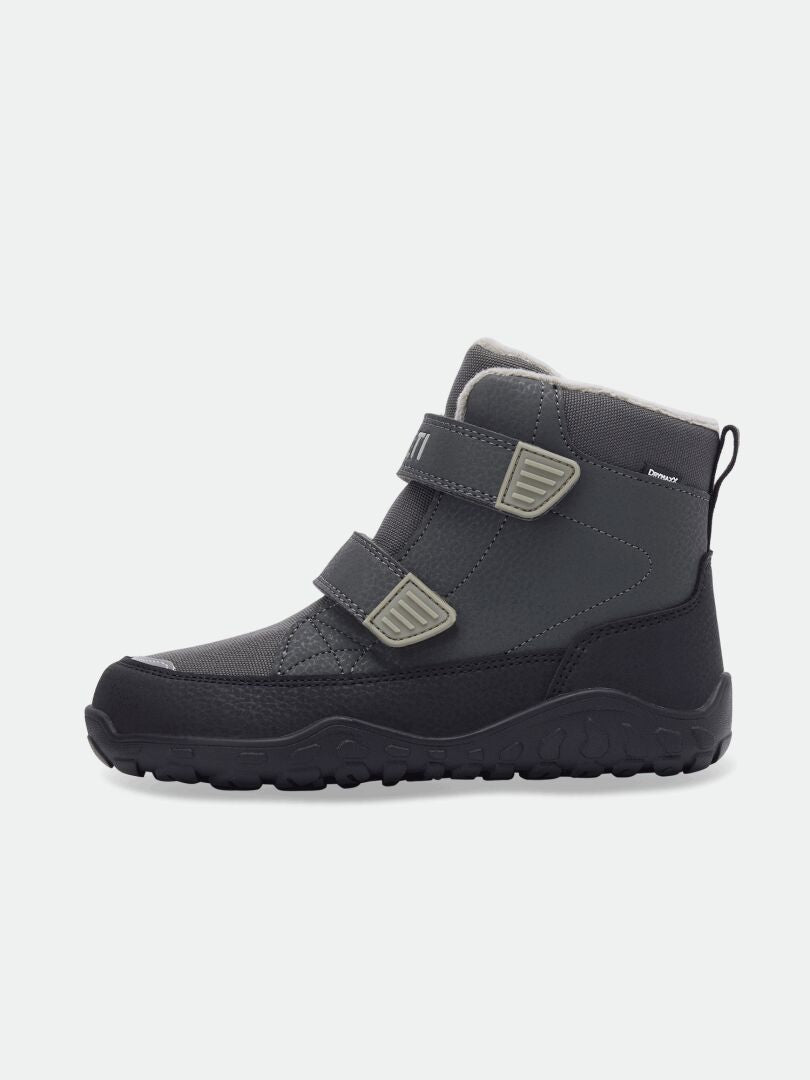 Halti Jalava DX kids’ barefoot ankle boot in gray/black with 2 Velcro straps, rugged sole, and pull tab.