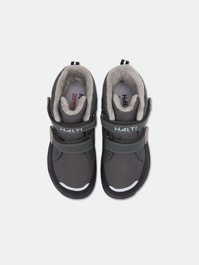 Halti Jalava DX gray kids’ waterproof barefoot boots with Velcro straps, shown from above on white.