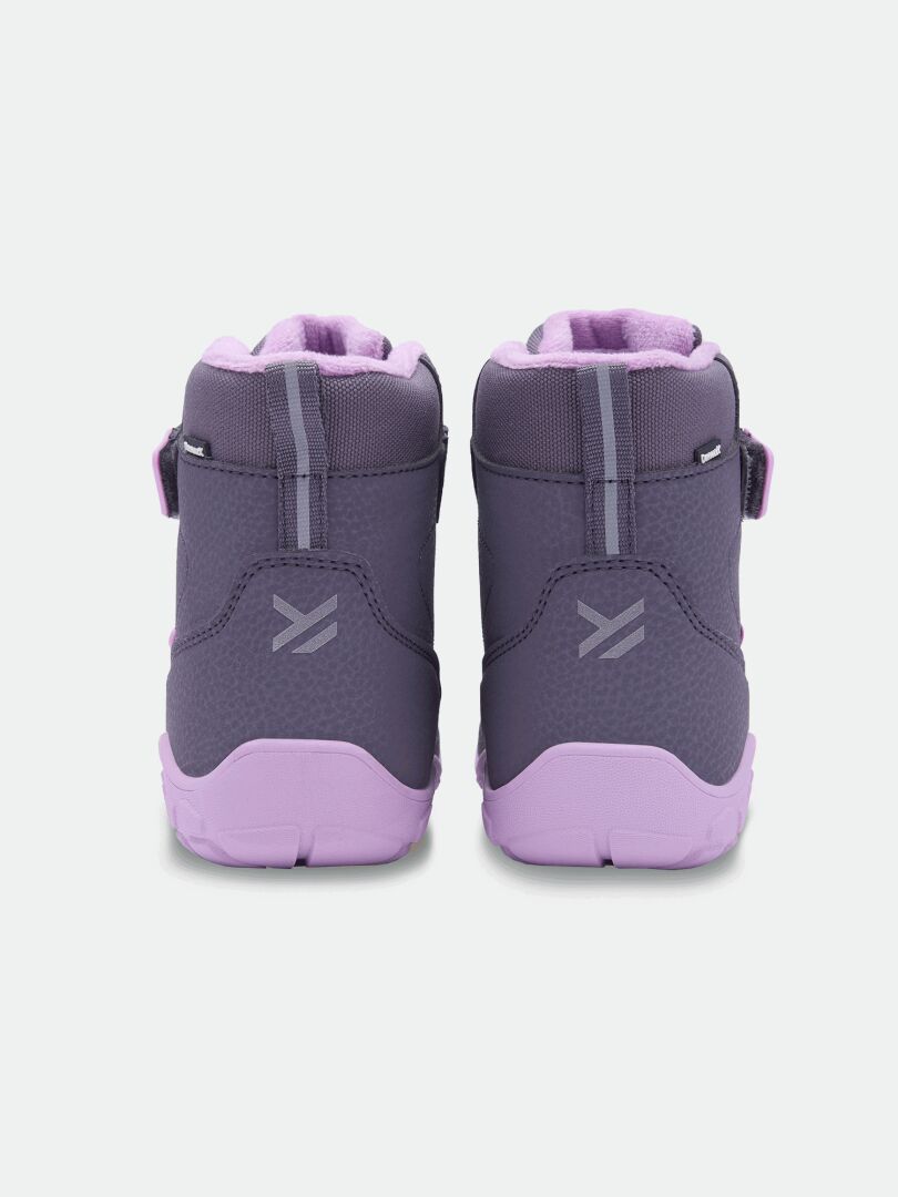 A pair of Halti Jalava DX kids’ purple barefoot boots is shown from the back on a plain background.