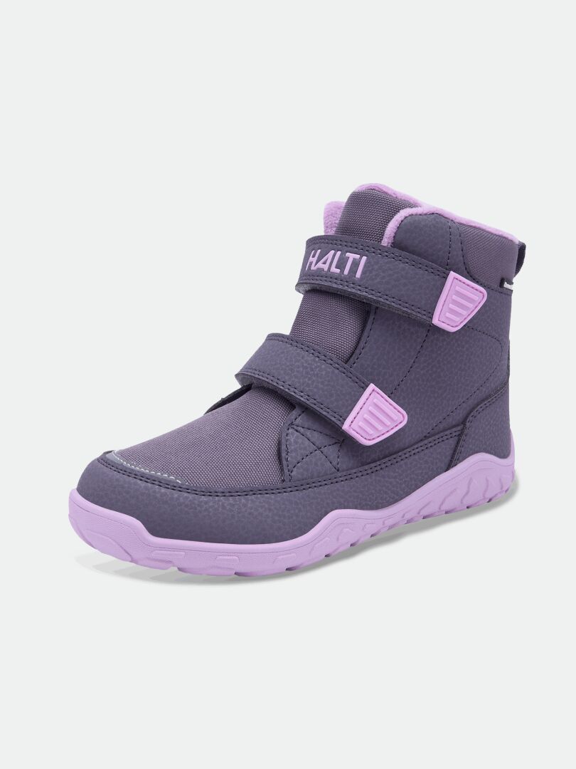 Halti Jalava DX Barefoot Ankle Boot: waterproof, purple/lavender, Velcro straps—great for kids’ outdoor play.