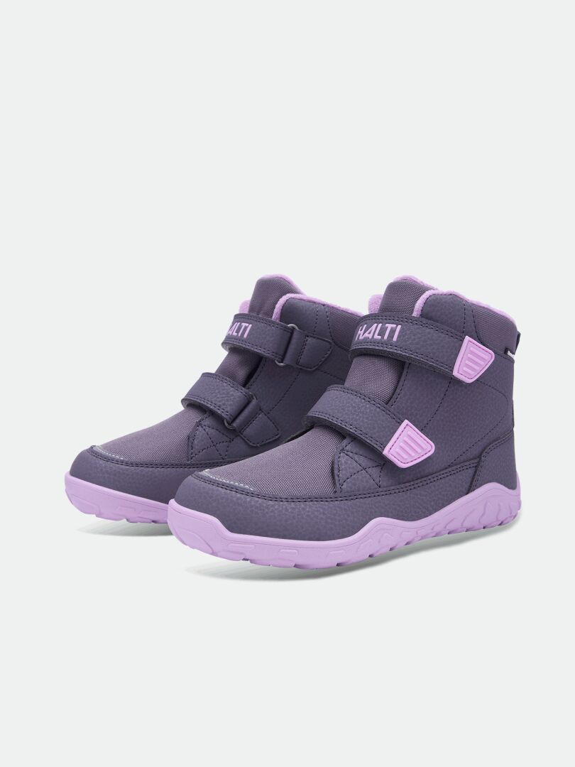 Halti Jalava DX Barefoot Ankle Boot for kids, purple/lavender, velcro closure, designed for natural outdoor movement.