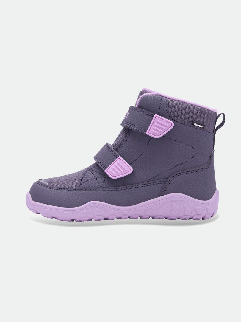 Halti Jalava DX kids’ purple waterproof barefoot boots with hook-and-loop straps and a grippy sole for outdoor play.