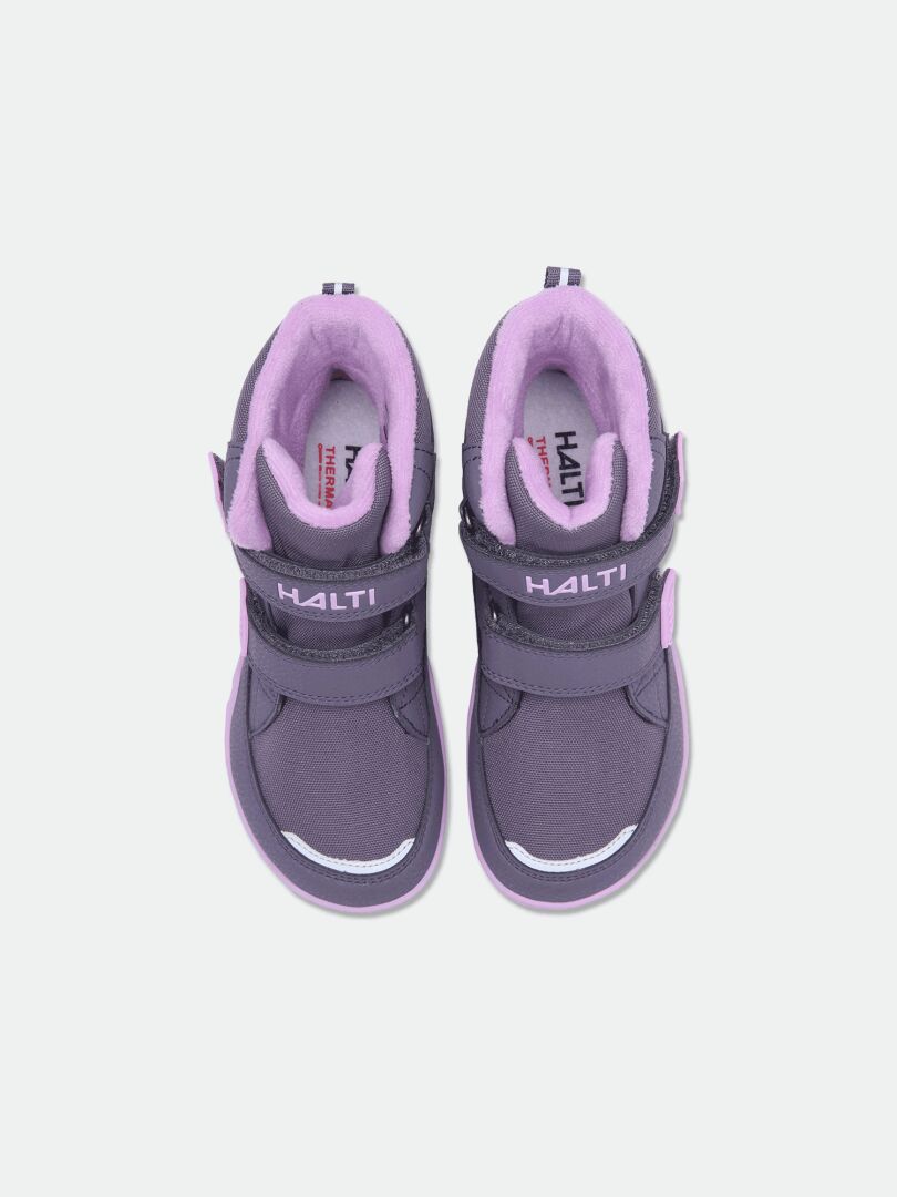 Halti Jalava DX Barefoot Ankle Boot for kids in purple/pink with Velcro, designed for outdoor play and natural movement.