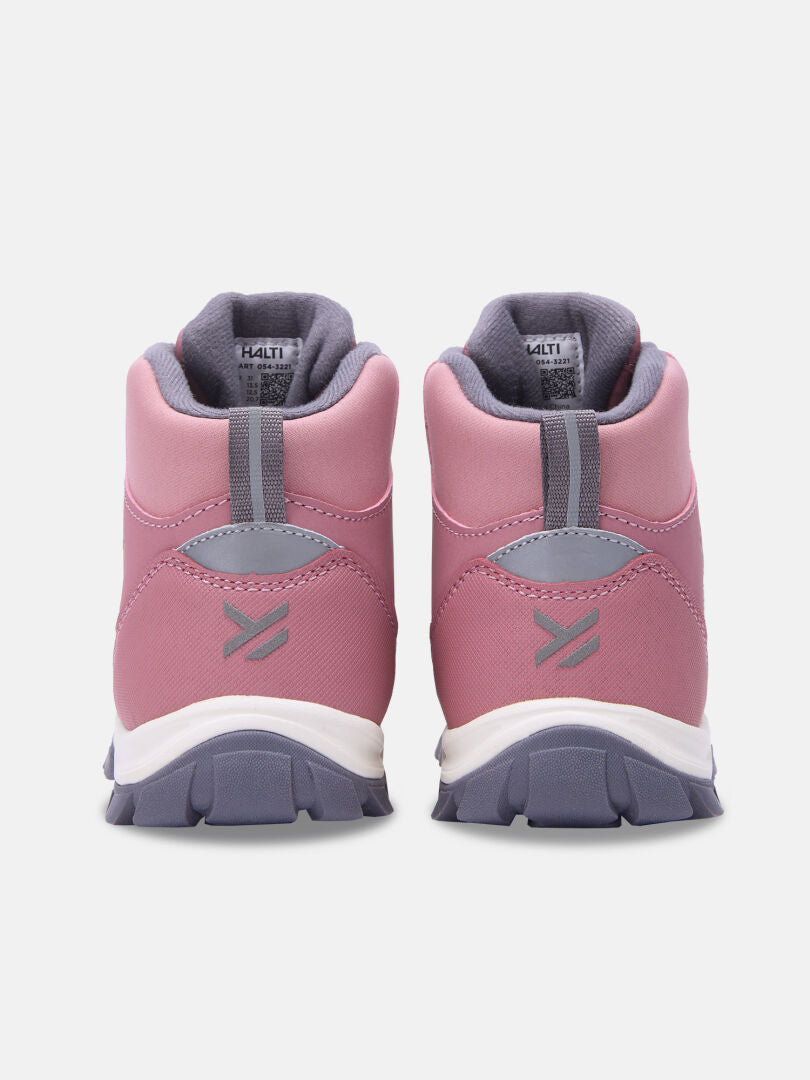 Rear view of two dusty-rose Halti Tribe Dada DX Outdoor Shoe Children high-tops with lugged grey soles.
