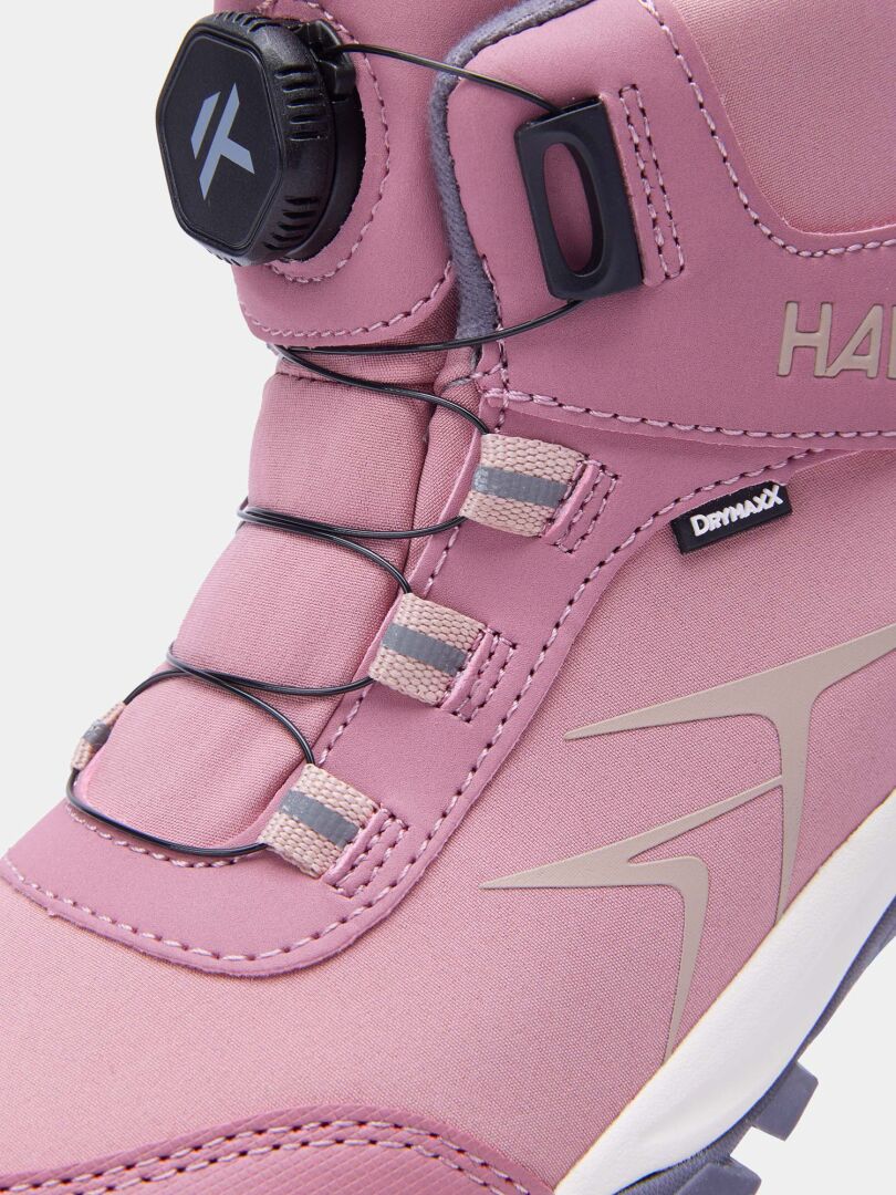 Mauve waterproof Halti Tribe Dada DX outdoor shoe for kids with a dial-based lacing system and a DrymaxX label.