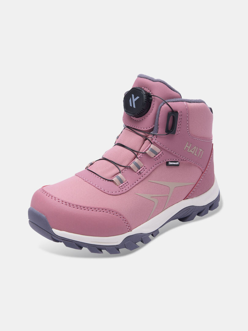 Dusty pink Halti Tribe Dada DX Outdoor Shoe with a dial-operated lacing system, high-top design, and a lugged sole.