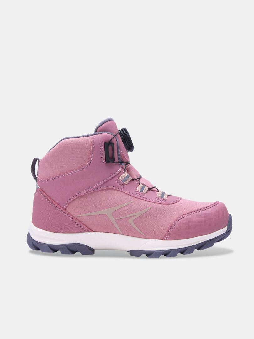 Dusty rose Halti Tribe Dada DX outdoor shoe for kids with a dial-tightening closure and a dark grey lugged sole.