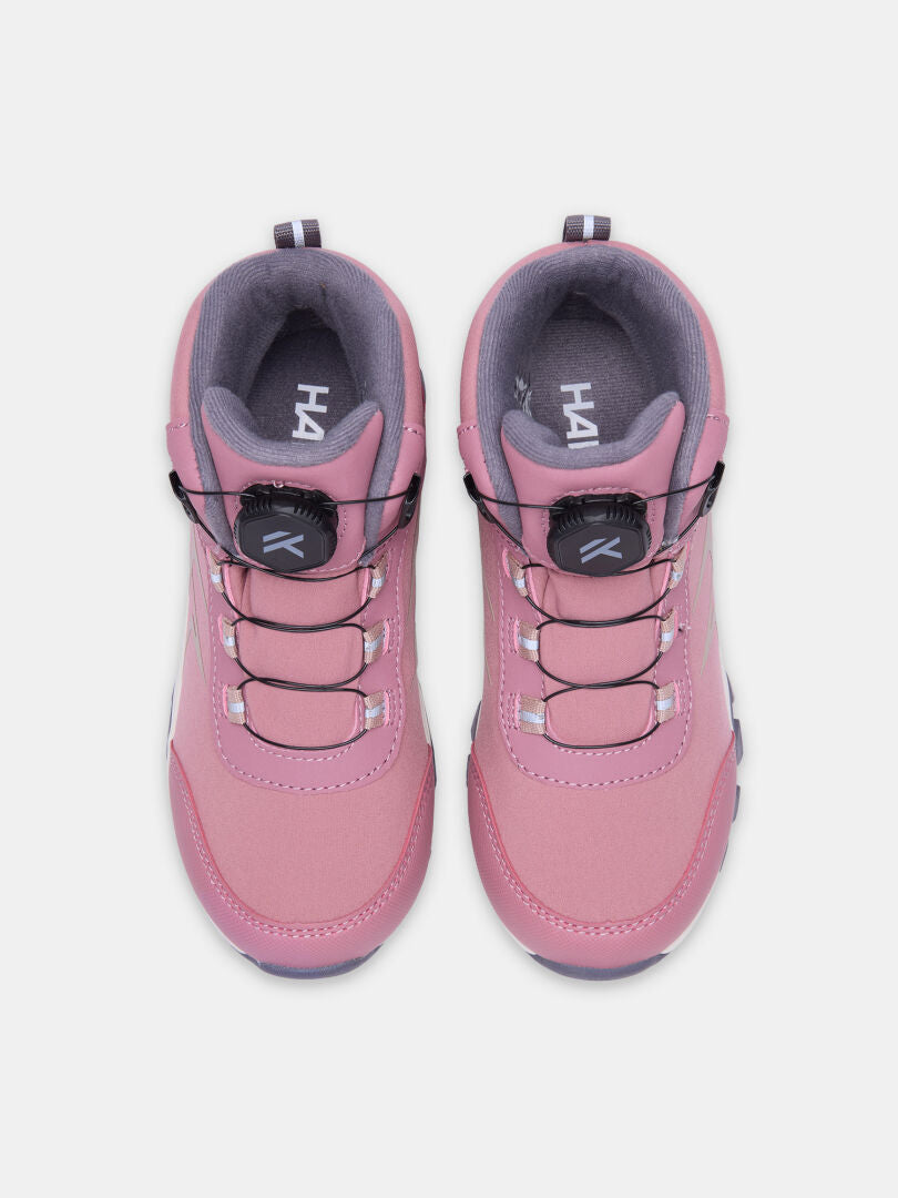 Top-down view of pink Halti Tribe Dada DX Outdoor Shoe children’s shoes with a dial-based lacing system.