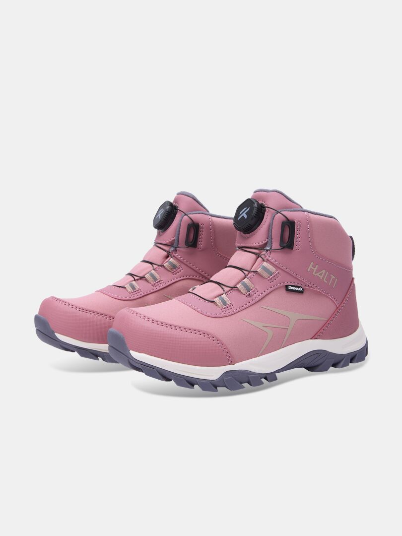 Dusty pink Halti Tribe Dada DX kids outdoor shoe with a mid-cut profile, dial-lacing system, and grey lugged rubber sole.