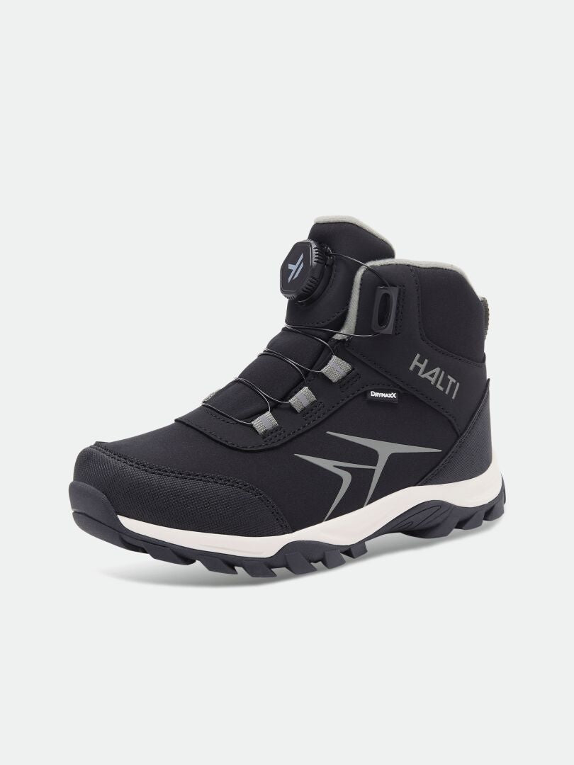 Black lightweight Halti Tribe Dada DX outdoor shoe for kids with a dial-fastening system and a lugged sole.